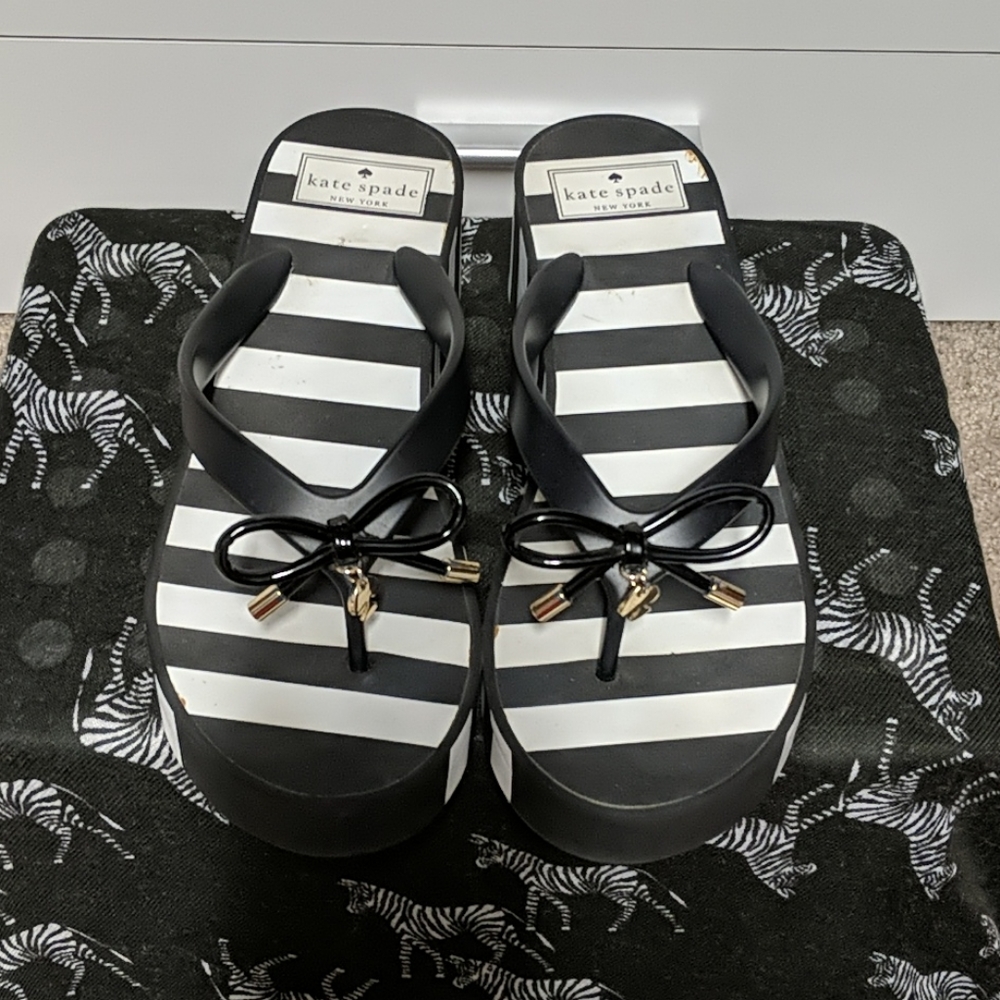 Kate Spade Black/White Stripe Sandals Flip-Flops